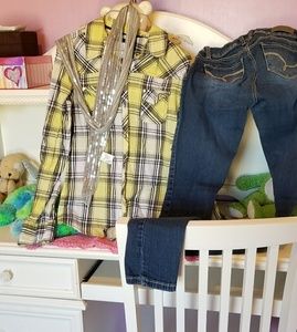 Girls plaid shirt and uni skinny jeans, distress l
